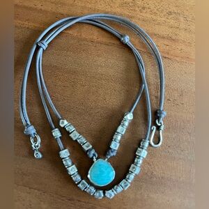 Vintage NAJ 925 Necklace 17” Sterling Silver slides Larimar Stone Leather Hook